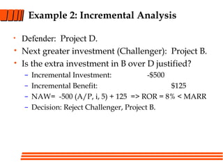 Example 2: Incremental Analysis
• Defender: Project D.
• Next greater investment (Challenger): Project B.
• Is the extra investment in B over D justified?
– Incremental Investment: -$500
– Incremental Benefit: $125
– NAW= -500 (A/P, i, 5) + 125 => ROR = 8% < MARR
– Decision: Reject Challenger, Project B.
 