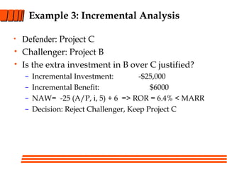 Example 3: Incremental Analysis
• Defender: Project C
• Challenger: Project B
• Is the extra investment in B over C justified?
– Incremental Investment: -$25,000
– Incremental Benefit: $6000
– NAW= -25 (A/P, i, 5) + 6 => ROR = 6.4% < MARR
– Decision: Reject Challenger, Keep Project C
 