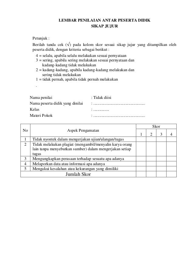 Instrumen lembar penilaian antar peserta didik (sikap)