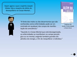 Vejam agora o que o espírito Joseph
Gleber fala a respeito do efeito do
desequilíbrio no Corpo Mental...
“A fonte dos males ou das desarmonias que são
conhecidas como enfermidades pode ser en-
contrada em qualquer dos corpos de manifes-
tação da consciência.”
“Quando é o Corpo Mental que está desorganizado,
as enfermidades se manifestam no campo psicoló-
gico ou no mental, exigindo também grandes dis-
pêndios de energia, a fim de reequilibrar o indivíduo.”
Capítulo 03
Saúde, Enfermidade
e Auto-Amor
FIM
 