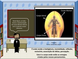 Imagem
Fonte: www.ibbis.org.br
Corpo Mental
Corpo Astral
Corpo Físico
Nesta figura, ao lado,
temos a representação
do Corpo Mental Inferior,
com os demais corpos
inferiores.
É onde reside a inteligência, mentalidade, reflexão,
raciocínio, associação de idéias, percepção.
Este é o corpo onde estão as energias
criadas pelos nossos pensamentos.
 