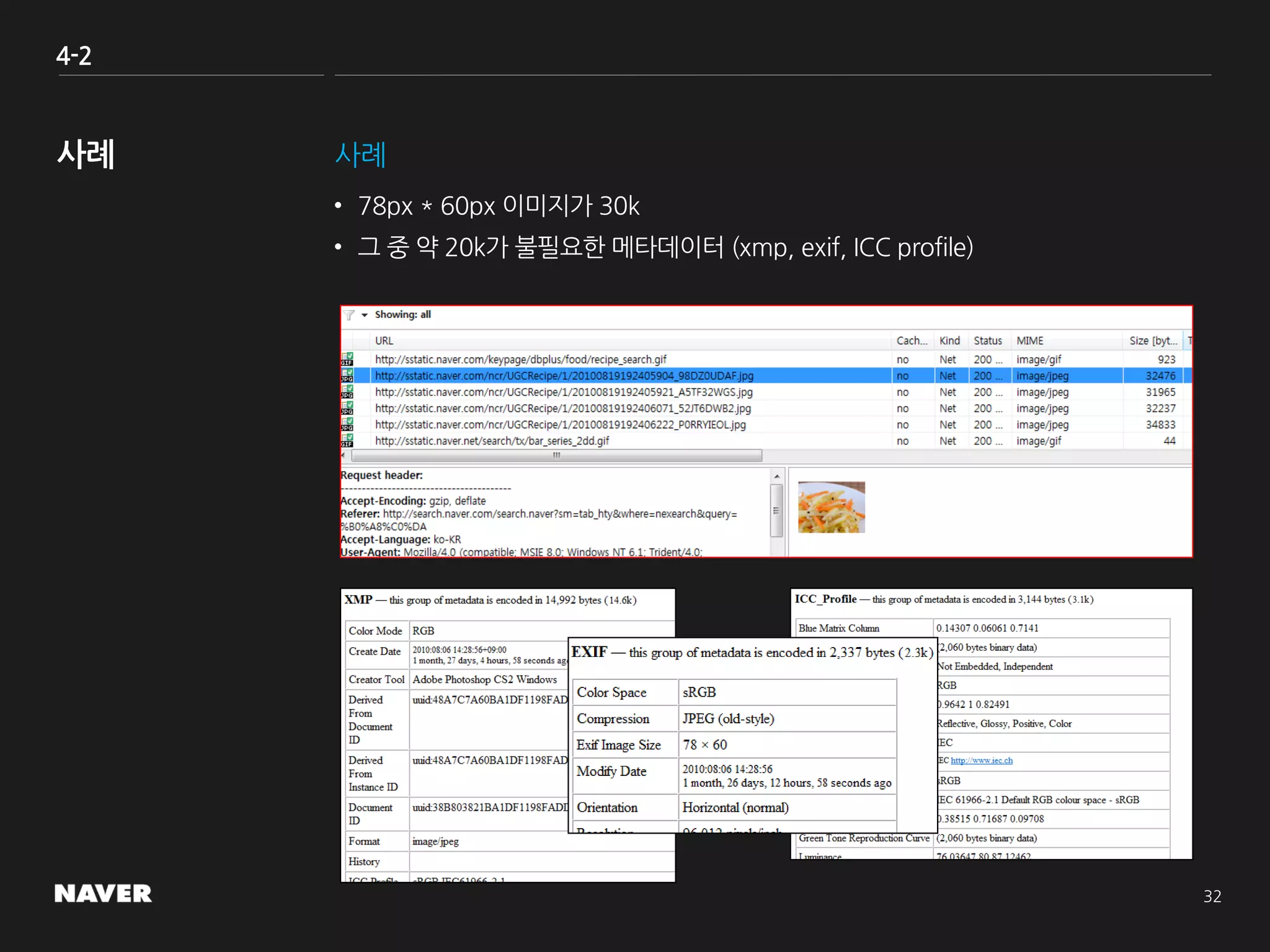 4-2
사례
• 78px * 60px 이미지가 30k
• 그 중 약 20k가 불필요한 메타데이터 (xmp, exif, ICC profile)
 