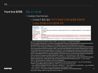 3-2
파일 크기 최소화
• Cookies Free Domain
• Cookie가 필요 없는 이미지 파일은 도메인설정을 변경하여
Cookie 정보를 보내지 않도록 처리
page_uid=touKdUQL34GsscmIKOGcussssuh-221009; _naver_usersession_=TL5LZZfkYEwAABj4B24;
nid_inf=fb3a60de4e4d814ffe256ea715a1552f79ea5a4b10f6ffcd0fb49c272f6ebda617f6f8a4dd856bb4dfdcdef2a68e2cf079a3476b2bec
66a28db9b9f3896765c13f437265724681c0ec4ce7152f7188fd01babbd130110be3558b78891b49c892; nid_pwa=2;
NID_AUT=/uT36s+7QTkgwlpoaHYPSBFubVwBa/g1LB37DSu56bN224rgODnMtaH7Mc2h5nbTtLBx4pf2YDdNQNA5oktLKezK
Z91u4TpXEzdnt2XIZobxSGkduYqmHlsXriDTxE0E77uEprN3qFO5S6G3N6Po9INX1yeRnmx0ZkbtV2r0Waq2W+DbX+xX/yQa
RY8evR1hBEavIWpJ1+nkj6xtvzqIu0dA7jJ9R/Ylcr5nVopPOZUG+TAjI+FFV9aulPQnnUIZ+badeORoqYQtwPwNgEKz/aev2zHto
Kwagf9ytTJd1+UyCQZeowippFLt8T/p7AMjDUJeLLhBFt00fMJsydNwI/I77HWBT3WvERDF5kUXTBfw8zOa0FbvXsK1QmTM/j
BTZi1nC2OPFN9WNj7FUFEeT5U1TuJJwIdLNa8ABBXeYsi3OaGtHs3m1lRxotS5xrwZzF9woydl5Kj/z4Zeph6s71DlESnRH5AsVs
Ul42z/u+S4yAUrKYK5mXgysXwNmWfxE/fzlRPbjEzXhCV24mrK+A==; NID_MATCH_M=1; NID_DH_UI=1;
NID_SES=LkNyeGAXjZ5uSOor5Wq36QRAIF7ZTxttsazPACSQOgi9rugcTntBlmPQ1cPBsfI4ctz2D4gwm8X3KFZJF4F/1uNmdug+
FJNFPaCykolJqxVIr/NYL+wRWoafSjo9qL3df65xdd7M42266Sh5dnoEL3P05BTnAAPRqfne/moa3No=; cc_menu=me2day;
NIPD=1; NB=HE3TEMRYGYYTKMRX; NNB=ANYO4FMJAS6EY;
npic=UK+IJlHyVC6ygVLYkRrixlN5edpZpXJzzcZiDiOBpglwIuWecZ6ZtZM2qNmLRMoHCA==; DA_HC=LZ41135580,LB;
NVSERV=appstore@ndrive@appfactory@contact; NNF=on; pwe_menu_type=list; nsr_acl=1;
__utma=163452323.450796262.1287541011.1287541011.1287541011.1; __utmb=163452323.1.10.1287541011; __utmc=163452323;
__utmz=163452323.1287541011.1.1.utmcsr=(direct)|utmccn=(direct)|utmcmd=(none);
_naver_usersession_=TL5LZZfkYEwAABj4B24; JSESSIONID=E2DF2BED82737391A2D933D6C58F428C;
map_bicycle_warning_cookie=no; map_inaccurate_poi_cookie=no
 