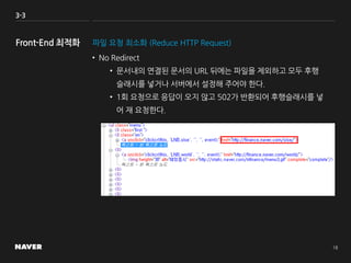 3-3
파일 요청 최소화 (Reduce HTTP Request)
• No Redirect
• 문서내의 연결된 문서의 URL 뒤에는 파일을 제외하고 모두 후행
슬래시를 넣거나 서버에서 설정해 주어야 한다.
• 1회 요청으로 응답이 오지 않고 502가 반환되어 후행슬래시를 넣
어 재 요청한다.
 