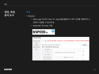 4-1
측정
• NSpeed
• Web page Test의 Client PC Agent를 활용하고 내부 서버를 개발하여 사
내에서 사용할 수 있도록 함
• Waterfall, filmstrip 지원
 