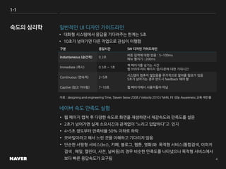 1-1
일반적인 UI 디자인 가이드라인
• 대화형 시스템에서 응답을 기다려주는 한계는 5초
• 10초가 넘어가면 다른 작업으로 관심이 이행함
자료 : designing and engineering Time, Steven Seow 2008 / Velocity 2010 / NHN, FE 성능 Awareness 교육 재인용
구분 응답시간 SW 디자인 가이드라인
Instantaneous (순간적) 0.2초
버튼 입력에 대한 반응 : 5~100ms
메뉴 펼치기 : 200ms
Immediate (즉시) 0.5초 ~ 1초
책 페이지를 넘기는 시간
웹 브라우저의 페이지 업/다운에 대한 기대시간
Continuous (연속적) 2~5초
시스템이 멈추지 않았음을 주기적으로 알려줄 필요가 있음
5초가 넘어가는 경우 반드시 feedback 해야 함
Captive (참고 기다림) 7~10초 웹 페이지에서 사용자들이 떠남
네이버 속도 만족도 실험
• 웹 페이지 캡쳐 후 다양한 속도로 화면을 재생하면서 체감속도와 만족도를 설문
• 2초가 넘어가면 실제 소요시간과 관계없이 “느리고 답답하다”고 인지
• 4~5초 정도부터 만족비율 50% 이하로 하락
• 모바일이라고 해서 느린 것을 이해하고 기다리지 않음
• 단순한 서핑형 서비스(뉴스, 카페, 블로그, 웹툰, 영화)와 목적형 서비스(통합검색, 이미지
검색 , 메일, 캘린더, 사전, 날씨등)의 경우 비슷한 만족도를 나타냈으나 목적형 서비스에서
보다 빠른 응답속도가 요구됨
 