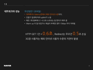 1-3
무선망은? (모바일)
• 대역폭이나 latency면에서 해외 인터넷 수준이다.
• 단말기 칩셋에 따라 uplink가 느림
• 패킷 1회 왕복에 0.1~0.5초 소요되는 등 편차가 매우 큼
• Warm up 이 덜 되었거나 채널이 부족한 경우 15kbps 까지 저하됨
HTTP GET 1건 = 0.6초, Redirect는 무조건 0.5초 손실
3G망 사용자는 해외 인터넷 사용자 수준의 지연이 발생
 