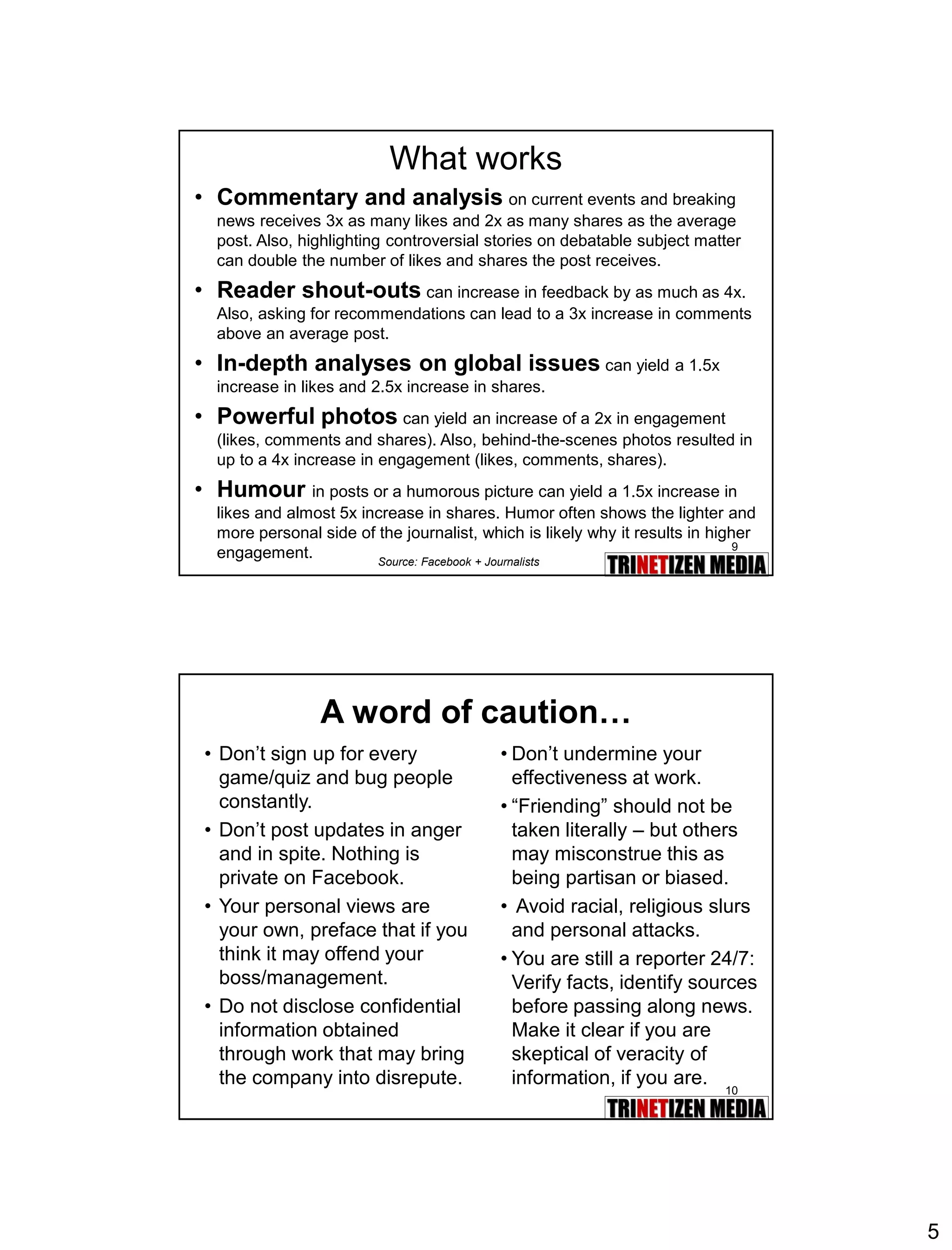 5 
9 
What works 
•Commentary and analysisoncurrent events and breaking news receives 3x as many likes and 2x as many shares as the average post.Also, highlighting controversial stories on debatable subject matter can double the number of likes and shares the post receives. 
•Reader shout-outscan increase in feedback by as much as 4x. Also, asking for recommendations can lead to a 3x increase in comments above an average post. 
•In-depth analyses on global issuescan yield a 1.5x increase in likes and2.5x increase in shares. 
•Powerful photoscan yield an increase of a 2x in engagement (likes, comments and shares). Also, behind-the-scenes photos resulted in up to a 4x increase inengagement (likes, comments, shares). 
•Humourin posts or a humorous picture can yield a 1.5x increase in likes and almost 5x increase in shares. Humor often shows the lighter and more personal side of the journalist, which is likely why it results in higher engagement. 
Source: Facebook + Journalists 
10 
A word of caution… 
•Don’t sign up for every game/quiz and bug people constantly. 
•Don’t post updates in anger and in spite. Nothing is private on Facebook. 
•Your personal views are your own, preface that if you think it may offend your boss/management. 
•Do not disclose confidential information obtained through work that may bring the company into disrepute. 
•Don’t undermine your effectiveness at work. 
•“Friending” should not be taken literally –but others may misconstrue this as being partisan or biased. 
•Avoid racial, religious slurs and personal attacks. 
•You are still a reporter 24/7: Verify facts, identify sources before passing along news. Make it clear if you are skeptical of veracity of information, if you are.  