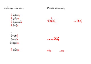 πρόσεχε τὸν νοῦν, 
ἡ ἡδονή 
ἡ χώρα 
ἡ ἀρμονία 
ἡ δόξα 
- 
ἀγαθή 
δικαία 
ἀνδρεία 
ἡ πόλις 
Presta atención, 
τὰς ..ας 
....ας 
τὰς ..εις 
 