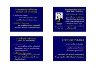 2
ความแนนอนกับความไมแนนอนความแนนอนกับความไมแนนอน
(Certainty and Uncertainty)(Certainty and Uncertainty)
ความแนนอนความแนนอน (Certainty)(Certainty)
สภาวการณที่เหตุการณหนึ่งๆสภาวการณที่เหตุการณหนึ่งๆ จะเกิดจะเกิด
ผลลัพธเพียงอยางใดอยางหนึ่งอยางแนนอนผลลัพธเพียงอยางใดอยางหนึ่งอยางแนนอน
ความไมแนนอนความไมแนนอน (Uncertainty)(Uncertainty)
สภาวการณที่เหตุการณหนึ่งๆสภาวการณที่เหตุการณหนึ่งๆ จะเกิดผลลัพธจะเกิดผลลัพธ
ไดหลายอยางไดหลายอยาง โดยไมทราบวาจะเกิดผลลัพธใดกันแนโดยไมทราบวาจะเกิดผลลัพธใดกันแน
ความเสี่ยงกับความไมแนนอนความเสี่ยงกับความไมแนนอน
(Risk and Uncertainty)(Risk and Uncertainty)
แมวาในบางบริบทจะสื่อความหมายแมวาในบางบริบทจะสื่อความหมาย
ของของ ความเสี่ยงความเสี่ยง และและ ความไมแนนอนความไมแนนอน
ที่ไมแตกตางกันก็ตามที่ไมแตกตางกันก็ตาม แตแต แฟรงคแฟรงค ไนทไนท
(Frank Knight)(Frank Knight) นักเศรษฐศาสตรแหงนักเศรษฐศาสตรแหง
สํานักชิคาโกสํานักชิคาโก ชาวอเมริกันชาวอเมริกัน ไดแยกไดแยก
ความแตกตางระหวางความแตกตางระหวาง ความเสี่ยงความเสี่ยง และและ
ความไมแนนอนความไมแนนอน ดังนี้ดังนี้
Frank KnightFrank Knight
(1885(1885--1972)1972)
Risk, UncertaintyRisk, Uncertainty
And ProfitAnd Profit (1921)(1921)
ความเสี่ยงกับความไมแนนอนความเสี่ยงกับความไมแนนอน
(Risk and Uncertainty)(Risk and Uncertainty)
ความเสี่ยงความเสี่ยง (Risk)(Risk)
สภาวการณที่เหตุการณหนึ่งๆสภาวการณที่เหตุการณหนึ่งๆ จะเกิดผลลัพธจะเกิดผลลัพธ
ขึ้นไดหลายอยางขึ้นไดหลายอยาง และและ ทราบทราบ ความนาจะเปนของความนาจะเปนของ
การเกิดผลลัพธแตละอยางการเกิดผลลัพธแตละอยาง
ความไมแนนอนความไมแนนอน (Uncertainty)(Uncertainty)
สภาวการณที่เหตุการณหนึ่งๆสภาวการณที่เหตุการณหนึ่งๆ จะเกิดผลลัพธจะเกิดผลลัพธ
ไดหลายอยางไดหลายอยาง โดยไมทราบความนาจะเปนของการโดยไมทราบความนาจะเปนของการ
เกิดผลลัพธแตละอยางเกิดผลลัพธแตละอยาง
ความนาจะเปนความนาจะเปน (Probability)(Probability)
ความนาจะเปนความนาจะเปน (Probability)(Probability)
หมายถึงหมายถึง แนวโนมหรือโอกาสแนวโนมหรือโอกาส
ที่ผลลัพธหนึ่งๆที่ผลลัพธหนึ่งๆ นาจะเกิดขึ้นนาจะเกิดขึ้น
ผลรวมของความนาจะเปนที่จะเกิดผลลัพธตางๆผลรวมของความนาจะเปนที่จะเกิดผลลัพธตางๆ
ในเหตุการณหนึ่งๆในเหตุการณหนึ่งๆ จะมีคาเทากับจะมีคาเทากับ 100%100%หรือหรือ 1.01.0 เสมอเสมอ
 