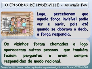 Logo, perceberam que
aquela força invisível podia
ver e ouvir, pois até
quando se dobrava o dedo,
a força respondia.
Os vizinhos foram chamados e logo
apareceram outras pessoas que também
faziam perguntas e eram sempre
respondidas de modo racional.
O EPISÓDIO DE HYDESVILLE - As irmãs Fox
15
Desenho: http://www.cvdee.org.br/sitedagente/navigation.asp?idcat=020&id=009
 
