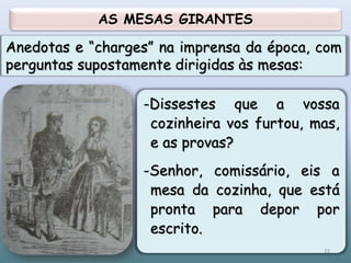 Anedotas e “charges” na imprensa da época, com
perguntas supostamente dirigidas às mesas:
-Dissestes que a vossa
cozinheira vos furtou, mas,
e as provas?
-Senhor, comissário, eis a
mesa da cozinha, que está
pronta para depor por
escrito.
AS MESAS GIRANTES
23
 