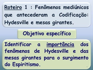 Roteiro 1 : Fenômenos mediúnicos
que antecederam a Codificação:
Hydesville e mesas girantes.
Objetivo específico
Identificar a importância dos
fenômenos de Hydesville e das
mesas girantes para o surgimento
do Espiritismo. 4
 