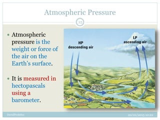 Atmospheric Pressure
20/01/2015 10:22DavidProfeSoc
25
 Atmospheric
pressure is the
weight or force of
the air on the
Earth’s surface.
 It is measured in
hectopascals
using a
barometer.
 