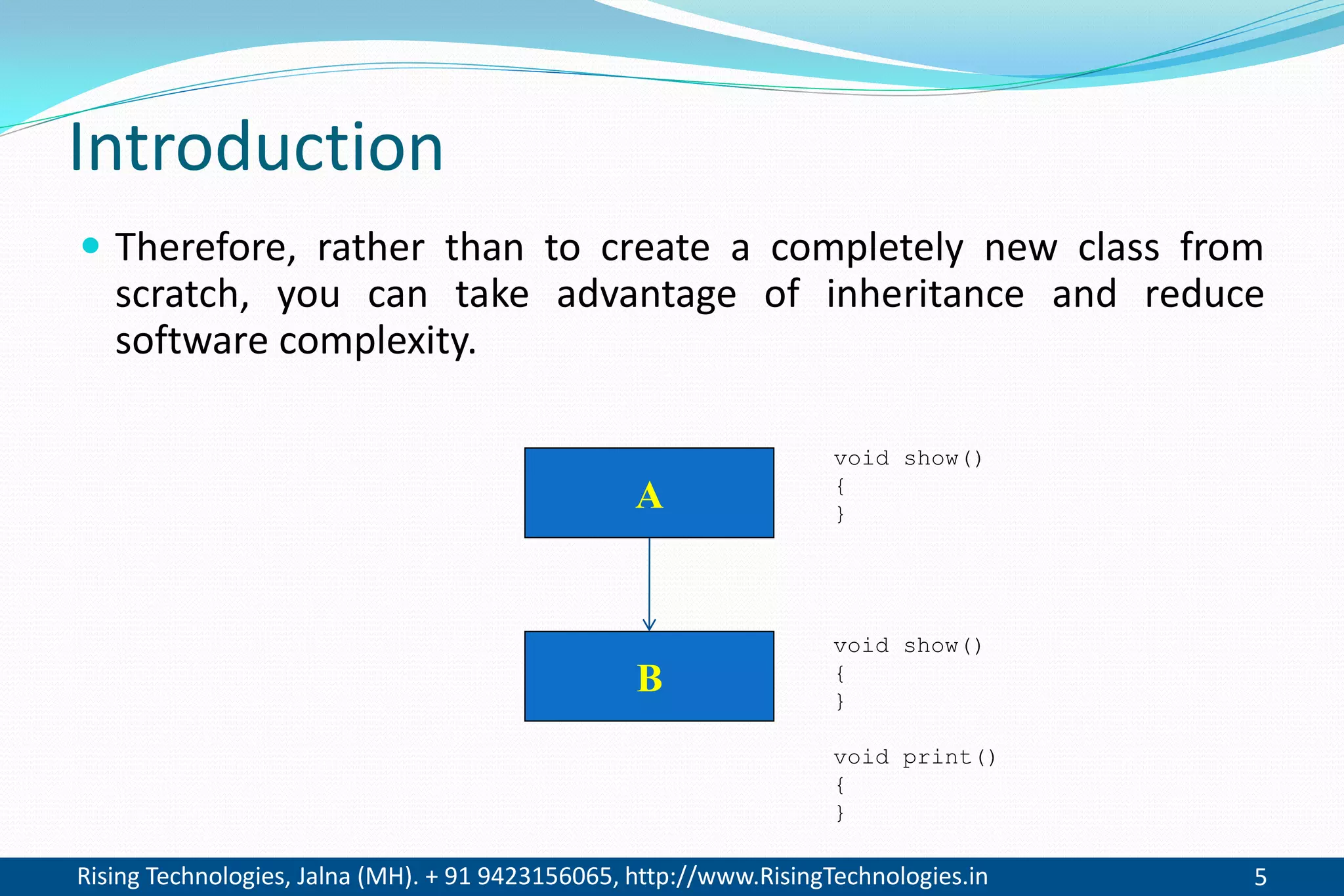 Rising Technologies, Jalna (MH). + 91 9423156065, http://www.RisingTechnologies.in 5
Introduction
 Therefore, rather than to create a completely new class from
scratch, you can take advantage of inheritance and reduce
software complexity.
A
B
void show()
{
}
void show()
{
}
void print()
{
}
 