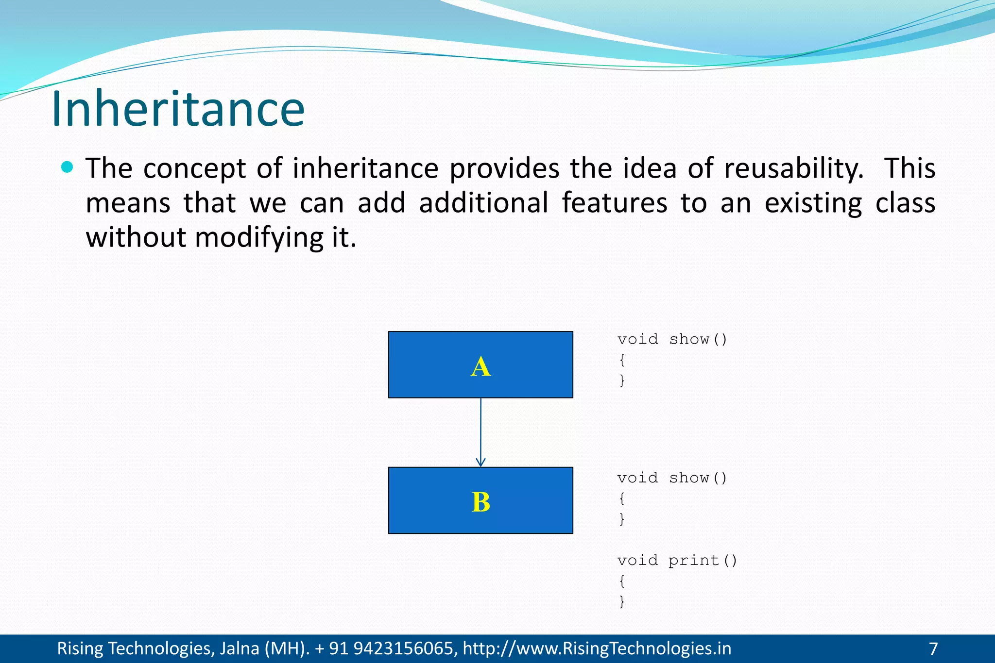 Rising Technologies, Jalna (MH). + 91 9423156065, http://www.RisingTechnologies.in 7
Inheritance
 The concept of inheritance provides the idea of reusability. This
means that we can add additional features to an existing class
without modifying it.
A
B
void show()
{
}
void show()
{
}
void print()
{
}
 