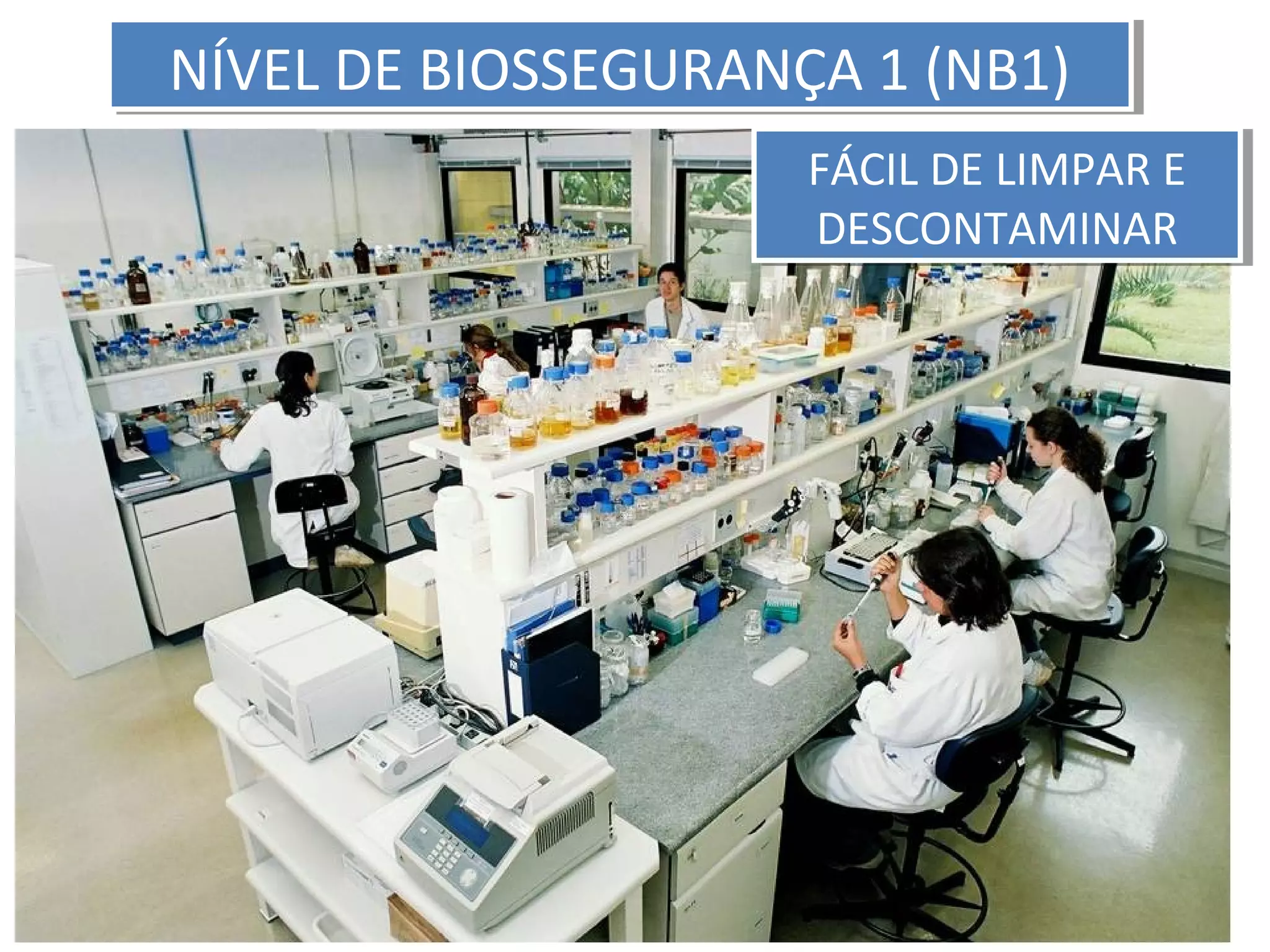 NÍVEL DE BIOSSEGURANÇA 1 (NB1)NÍVEL DE BIOSSEGURANÇA 1 (NB1)
FÁCIL DE LIMPAR E
DESCONTAMINAR
FÁCIL DE LIMPAR E
DESCONTAMINAR
 