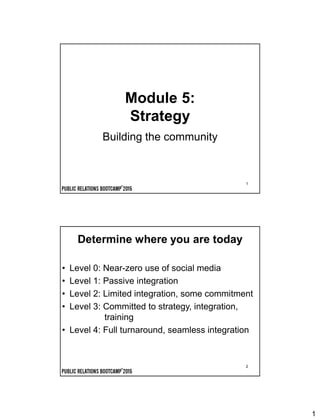 1
1
Module 5:
Strategy
Building the community
2
Determine where you are today
• Level 0: Near-zero use of social media
• Level 1: Passive integration
• Level 2: Limited integration, some commitment
• Level 3: Committed to strategy, integration,
training
• Level 4: Full turnaround, seamless integration
 
