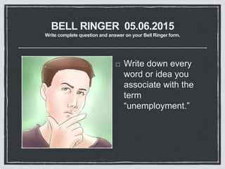 BELL RINGER 05.06.2015
Write complete question and answer on your Bell Ringer form.
Write down every
word or idea you
associate with the
term
“unemployment.”
 