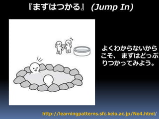 『まずはつかる』 (Jump In)
よくわからないから
こそ、 まずはどっぷ
りつかってみよう。
http://learningpatterns.sfc.keio.ac.jp/No4.html/
 