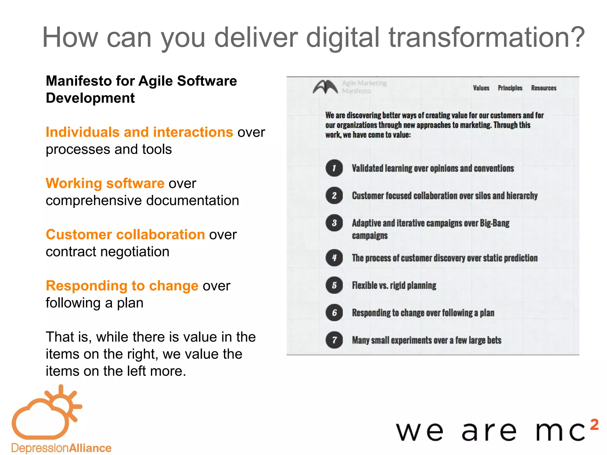 How can you deliver digital transformation?
-base
Manifesto for Agile Software
Development
Individuals and interactions over
processes and tools
Working software over
comprehensive documentation
Customer collaboration over
contract negotiation
Responding to change over
following a plan
That is, while there is value in the
items on the right, we value the
items on the left more.
 