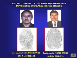 José Antonio FLORES RAMOS
DNI No.19032152
José Antonio FLORES RAMOS
DNI No. 07124270
ESTUDIO COMPARATIVO DACTILOSCOPICO ENTRE LAS
IMPRESIONES DACTILARES INDICES DERECHO
 