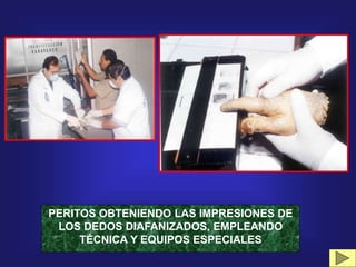 PERITOS OBTENIENDO LAS IMPRESIONES DE
LOS DEDOS DIAFANIZADOS, EMPLEANDO
TÉCNICA Y EQUIPOS ESPECIALES
 