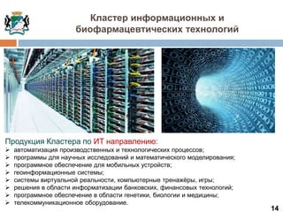 14
Кластер информационных и
биофармацевтических технологий
Продукция Кластера по ИТ направлению:
 автоматизация производственных и технологических процессов;
 программы для научных исследований и математического моделирования;
 программное обеспечение для мобильных устройств;
 геоинформационные системы;
 системы виртуальной реальности, компьютерные тренажёры, игры;
 решения в области информатизации банковских, финансовых технологий;
 программное обеспечение в области генетики, биологии и медицины;
 телекоммуникационное оборудование.
 