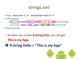 strings.xml
<?xml version="1.0" encoding="utf-8"?>
<resources>
<string name="hello“>This is my App.</string>
<string name="app_name">HelloWorld</string>
</resources>
• So when you invoke R.string.hello, you will get:
This is my App.
 R.string.hello = “This is my App”
 