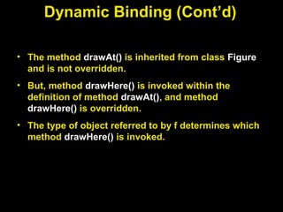 • The method drawAt() is inherited from class Figure
and is not overridden.
• But, method drawHere() is invoked within the
definition of method drawAt(), and method
drawHere() is overridden.
• The type of object referred to by f determines which
method drawHere() is invoked.
Dynamic Binding (Cont’d)
 