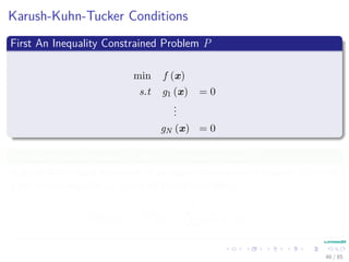 Then, for our problem
Using the Lagrange Multipliers (We will call them αi)
We obtain the following cost function that we want to minimize
J(w, w0, α) =
1
2
wT
w −
N
i=1
αi[di(wT
xi + w0) − 1]
Observation
Minimize with respect to w and w0.
Maximize with respect to α because it dominates
−
N
i=1
αi[di(wT
xi + w0) − 1]. (13)
45 / 124
 