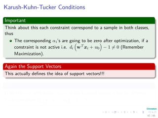 Karush-Kuhn-Tucker Conditions
First An Inequality Constrained Problem P
min f (x)
s.t g1 (x) = 0
...
gN (x) = 0
A really minimal version!!! Hey, it is a patch work!!!
A point x is a local minimum of an equality constrained problem P only if
a set of non-negative αj’s may be found such that:
L (x, α) = f (x) −
N
i=1
αi gi (x) = 0
48 / 124
 