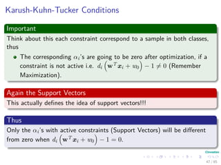 Karush-Kuhn-Tucker Conditions
First An Inequality Constrained Problem P
min f (x)
s.t g1 (x) = 0
...
gN (x) = 0
A really minimal version!!! Hey, it is a patch work!!!
A point x is a local minimum of an equality constrained problem P only if
a set of non-negative αj’s may be found such that:
L (x, α) = f (x) −
N
i=1
αi gi (x) = 0
48 / 124
 