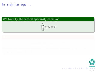 Using the conditions
We have the ﬁrst condition
∂J(w, w0, α)
∂w
=
∂ 1
2wT w
∂w
−
∂
N
i=1
αi[di(wT
xi + w0) − 1]
∂w
= 0
∂J(w, w0, α)
∂w
=
1
2
(w + w) −
N
i=1
αidixi
Thus
w =
N
i=1
αidixi (15)
53 / 124
 