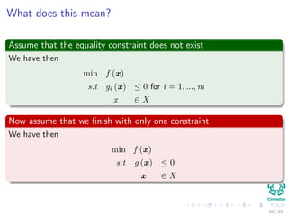 Lagrangian Dual Problem
Consider the following nonlinear programming problem
Primal Problem P
min f (x)
s.t gi (x) ≤ 0 for i = 1, ..., m
hi (x) = 0 for i = 1, ..., l
x ∈ X
Lagrange Dual Problem D
max Θ (u, v)
s.t. u > 0
where Θ (u, v) = infx f (x) + m
i=1 uigi (x) + l
i=1 vihi (x) |x ∈ X
57 / 124
 