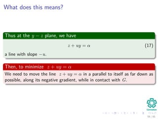What does this means?
Thus at the y − z plane you have
G = {(y, z) |y = g (x) , z = f (x) for some x ∈ X} (16)
Thus
Given u ≥ 0, we need to minimize f (x) + ug(x) to ﬁnd θ (u) -
Equivalent to f (x) + u g(x) = 0
60 / 124
 