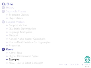 Deﬁne a map to a higher Dimension
Nonlinear transformations
Given a series of nonlinear transformations
{φi (x)}m
i=1
from input space to the feature space.
We can deﬁne the decision surface as
m
i=1
wiφi (x) + w0 = 0
80 / 124
 
