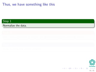 Now, How to select a Kernel?
We have a problem
Selecting a speciﬁc kernel and parameters is usually done in a try-and-see
manner.
Thus
In general, the Radial Basis Functions kernel is a reasonable ﬁrst choice.
Then
if this fails, we can try the other possible kernels.
86 / 124
 