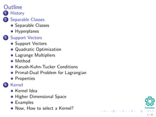 Outline
1 History
The Beginning
2 Separable Classes
Separable Classes
Hyperplanes
3 Support Vectors
Support Vectors
Quadratic Optimization
Lagrange Multipliers
Method
Karush-Kuhn-Tucker Conditions
Primal-Dual Problem for Lagrangian
Properties
4 Kernel
Kernel Idea
Higher Dimensional Space
Examples
Now, How to select a Kernel?
5 Soft Margins
Introduction
The Soft Margin Solution
6 More About Kernels
Basic Idea
From Inner products to Kernels 2 / 124
 