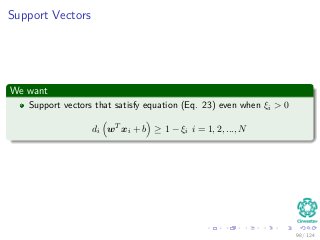 Support Vectors
We want
Support vectors that satisfy equation (Eq. 23) even when ξi > 0
di wT
xi + b ≥ 1 − ξi i = 1, 2, ..., N
98 / 124
 