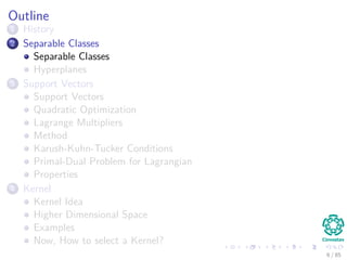 Applications
Partial List
1 Predictive Control
Control of chaotic systems.
2 Inverse Geosounding Problem
It is used to understand the internal structure of our planet.
3 Environmental Sciences
Spatio-temporal environmental data analysis and modeling.
4 Protein Fold and Remote Homology Detection
In the recognition if two diﬀerent species contain similar genes.
5 Facial expression classiﬁcation
6 Texture Classiﬁcation
7 E-Learning
8 Handwritten Recognition
9 AND counting....
6 / 124
 
