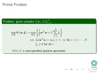 Primal Problem
Problem, given samples {(xi, di)}N
i=1
min
w,ξ
Φ (w, ξ) = min
w,ξ
1
2
wT
w + C
N
i=1
ξi
s.t. di(wT
xi + w0) ≥ 1 − ξi for i = 1, · · · , N
ξi ≥ 0 for all i
With C a user-speciﬁed positive parameter.
104 / 124
 