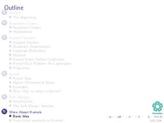 Outline
1 History
The Beginning
2 Separable Classes
Separable Classes
Hyperplanes
3 Support Vectors
Support Vectors
Quadratic Optimization
Lagrange Multipliers
Method
Karush-Kuhn-Tucker Conditions
Primal-Dual Problem for Lagrangian
Properties
4 Kernel
Kernel Idea
Higher Dimensional Space
Examples
Now, How to select a Kernel?
5 Soft Margins
Introduction
The Soft Margin Solution
6 More About Kernels
Basic Idea
From Inner products to Kernels 112 / 124
 