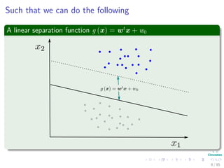 Separable Classes
Given
xi, i = 1, · · · , N
A set of samples belonging to two classes ω1, ω2.
Objective
We want to obtain a decision function as simple as
g (x) = wT
x + w0
8 / 124
 