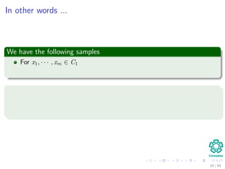 Outline
1 History
The Beginning
2 Separable Classes
Separable Classes
Hyperplanes
3 Support Vectors
Support Vectors
Quadratic Optimization
Lagrange Multipliers
Method
Karush-Kuhn-Tucker Conditions
Primal-Dual Problem for Lagrangian
Properties
4 Kernel
Kernel Idea
Higher Dimensional Space
Examples
Now, How to select a Kernel?
5 Soft Margins
Introduction
The Soft Margin Solution
6 More About Kernels
Basic Idea
From Inner products to Kernels 10 / 124
 