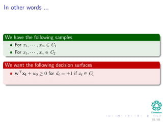 In other words ...
We have the following samples
For x1, · · · , xm ∈ C1
For x1, · · · , xn ∈ C2
We want the following decision surfaces
wT xi + w0 ≥ 0 for di = +1 if xi ∈ C1
wT xj + w0 ≤ 0 for dj = −1 if xj ∈ C2
11 / 124
 