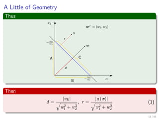 A Little of Geometry
Thus
r
d
A
B
C
Then
d =
|w0|
w2
1 + w2
2
, r =
|g (x)|
w2
1 + w2
2
(1)
14 / 124
 