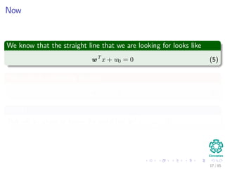 What about r = |g(x)|√
w2
1+w2
2
?
First, remember
g (xp) = 0 and x = xp + r
w
w
(4)
Thus, we have
g (x) =wT
xp + r
w
w
+ w0
=wT
xp + w0 + r
wT
w
w
=wT
xp + w0 + r
w 2
w
=g (xp) + r w
Then
r = g(x)
||w||
16 / 124
 
