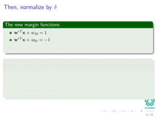 Come back to the hyperplanes
We have then for each border support line an speciﬁc bias!!!
Support Vectors
19 / 124
 