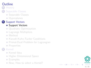 Then, normalize by δ
The new margin functions
w T x + w10 = 1
w T x + w01 = −1
where w = w
δ
, w10 =
w0
δ ,and w01 =
w0
δ
Now, we come back to the middle separator hyperplane, but with the
normalized term
wT xi + w0 ≥ w T x + w10 for di = +1
wT xi + w0 ≤ w T x + w01 for di = −1
Where w0 is the bias of that central hyperplane!! And the w is the
normalized direction of w
20 / 124
 